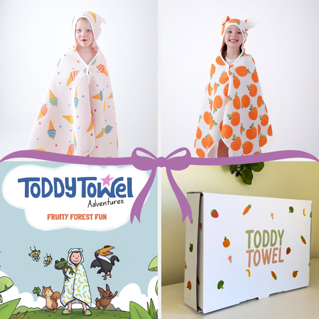 Pink/White waffle toddler towel Birthday Gift Bundle w/ press studs & hair-drying pocket