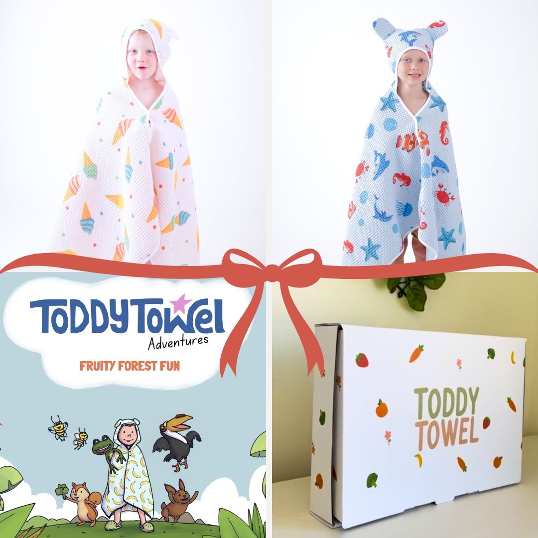 Mixed waffle toddler towel birthday gift bundle w/ press studs & hair-drying pocket