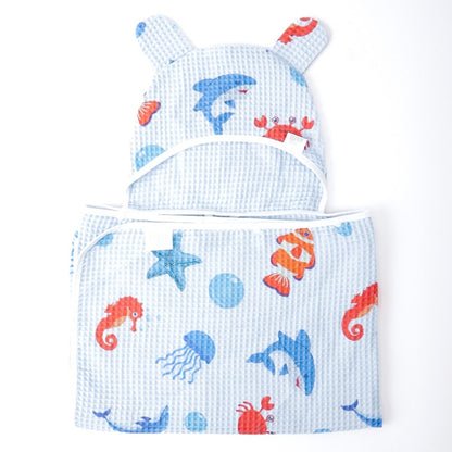 Blue/Green 3pk toddler hooded waffle towel w/ press studs & hair-drying pocket