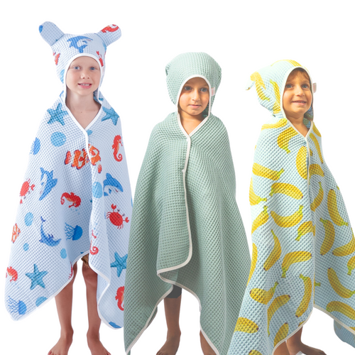 Blue/Green 3pk toddler hooded waffle towel w/ press studs & hair-drying pocket