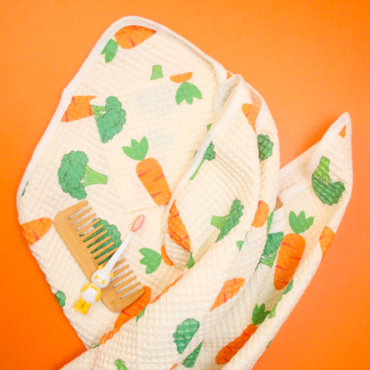 Sage/Cream baby gift bundle, oversized waffle cotton & hair-drying pocket