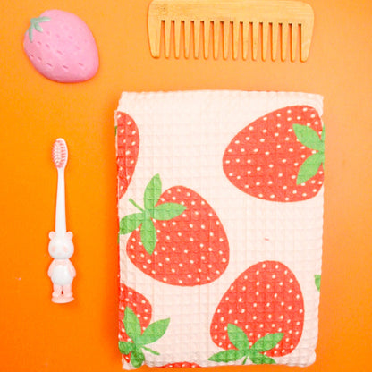 Fruit waffle toddler towel birthday gift bundle w/ press studs & hair-drying pocket