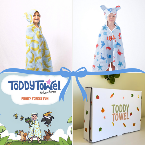 Blue waffle toddler towel Birthday Gift Bundle w/ press studs & hair-drying pocket