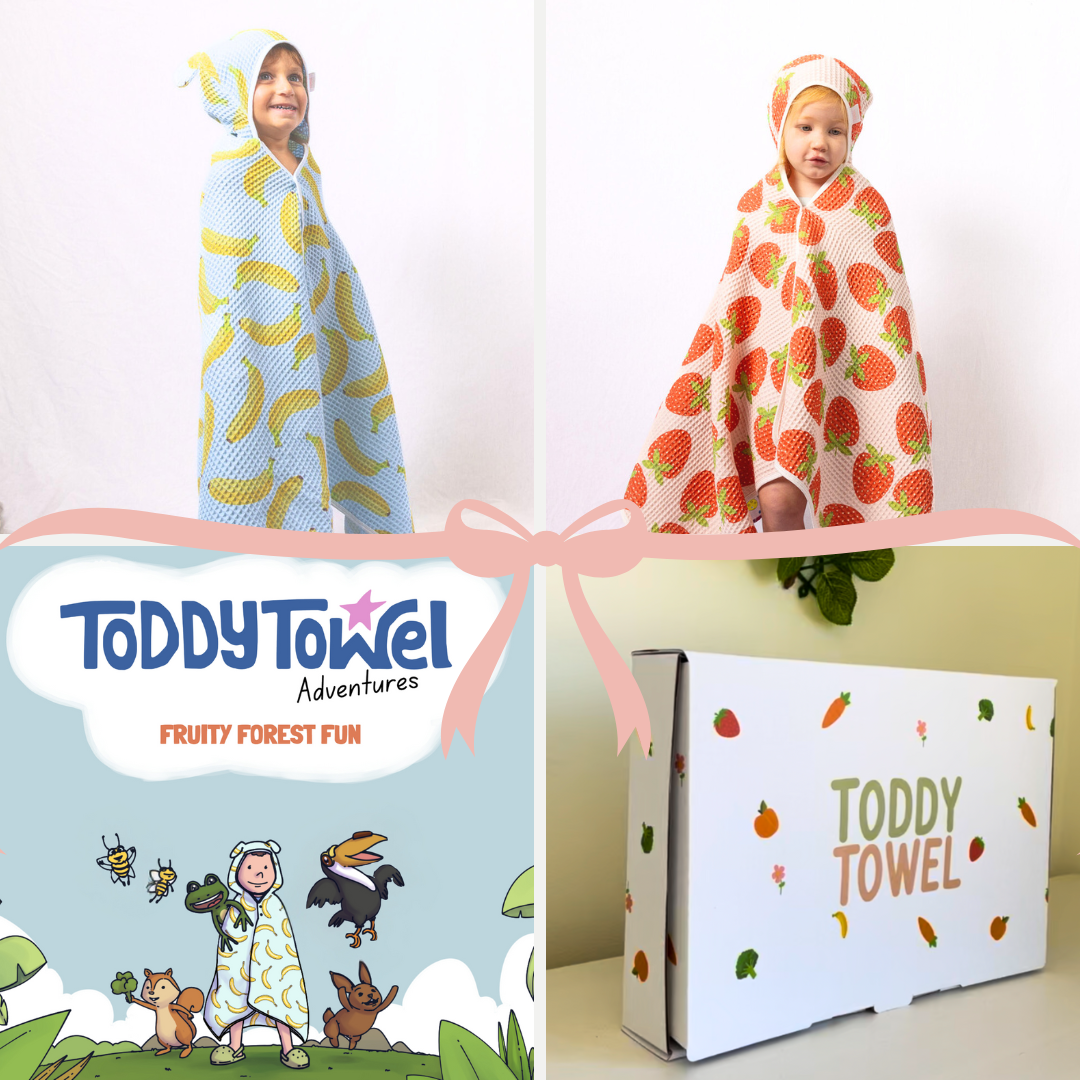 Fruit waffle toddler towel birthday gift bundle w/ press studs & hair-drying pocket