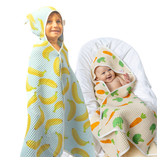 Blue/Cream mixed 2pk waffle bath towels with hair drying pocket