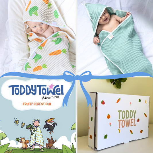 Sage/Cream baby gift bundle, oversized waffle cotton & hair-drying pocket