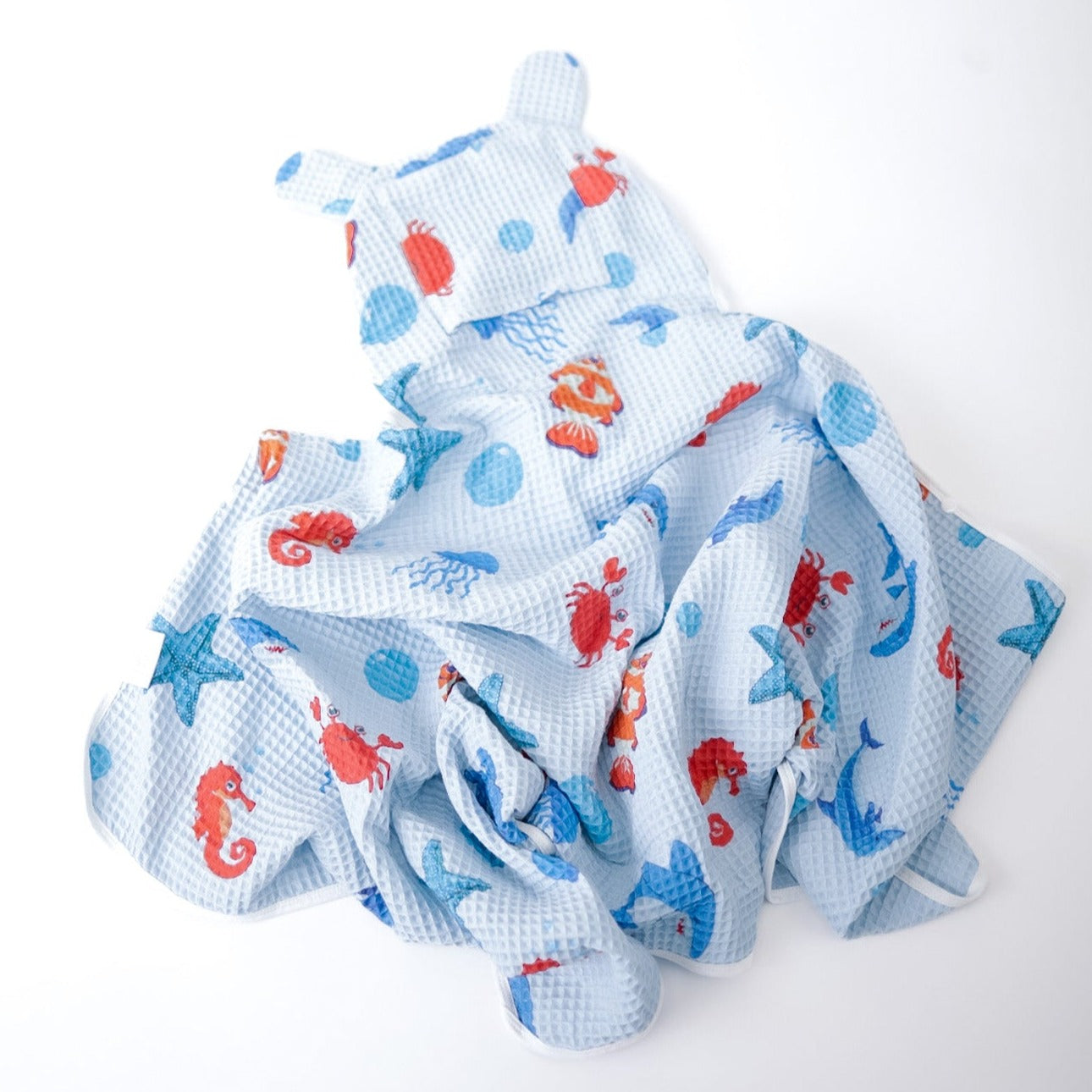 Blue/Green 3pk toddler hooded waffle towel w/ press studs & hair-drying pocket