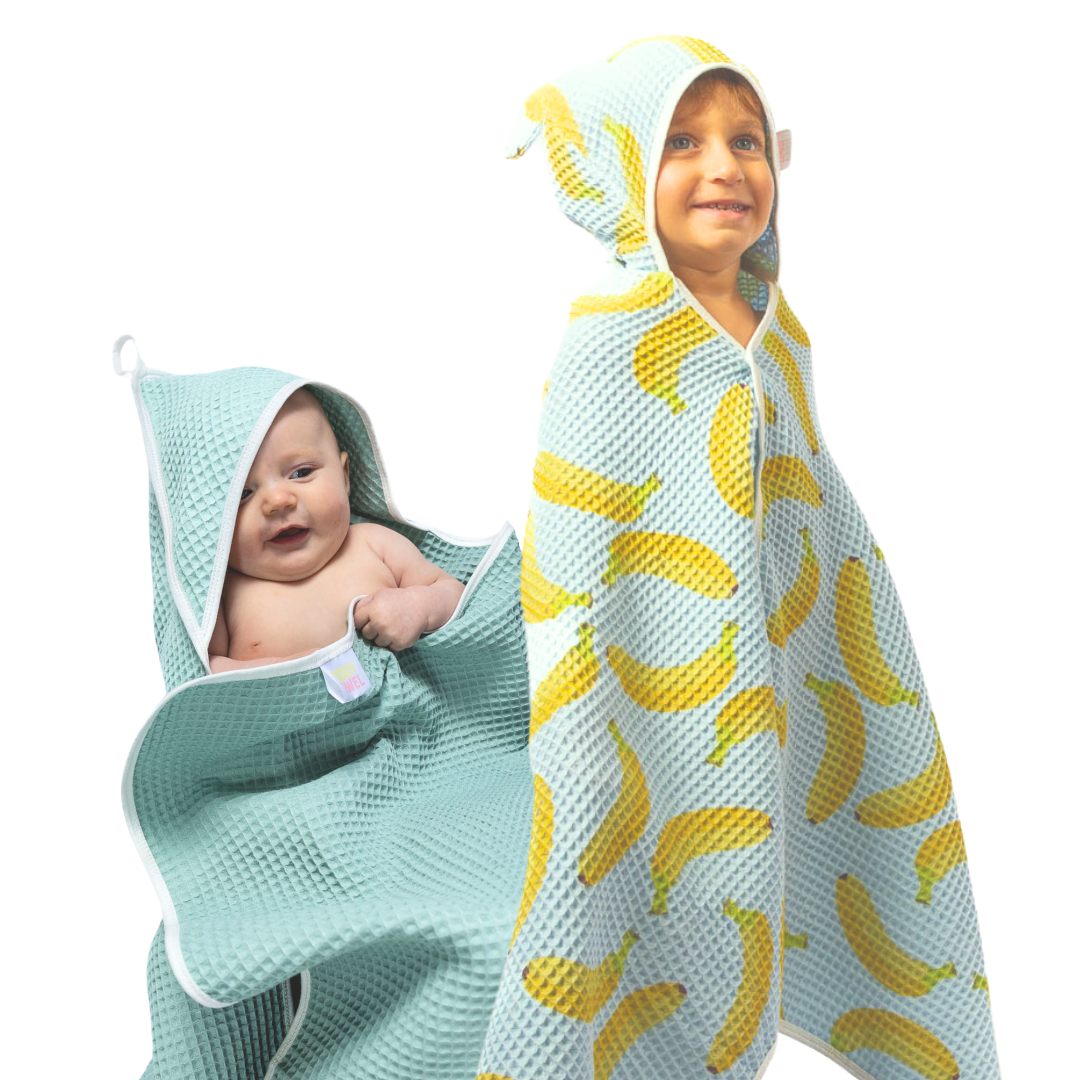 Blue/Green mixed 2pk baby & toddler waffle bath towel with hair drying pocket