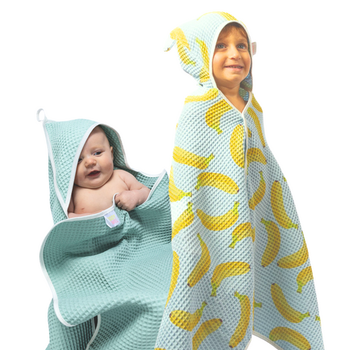 Blue/Green mixed 2pk baby & toddler waffle bath towel with hair drying pocket