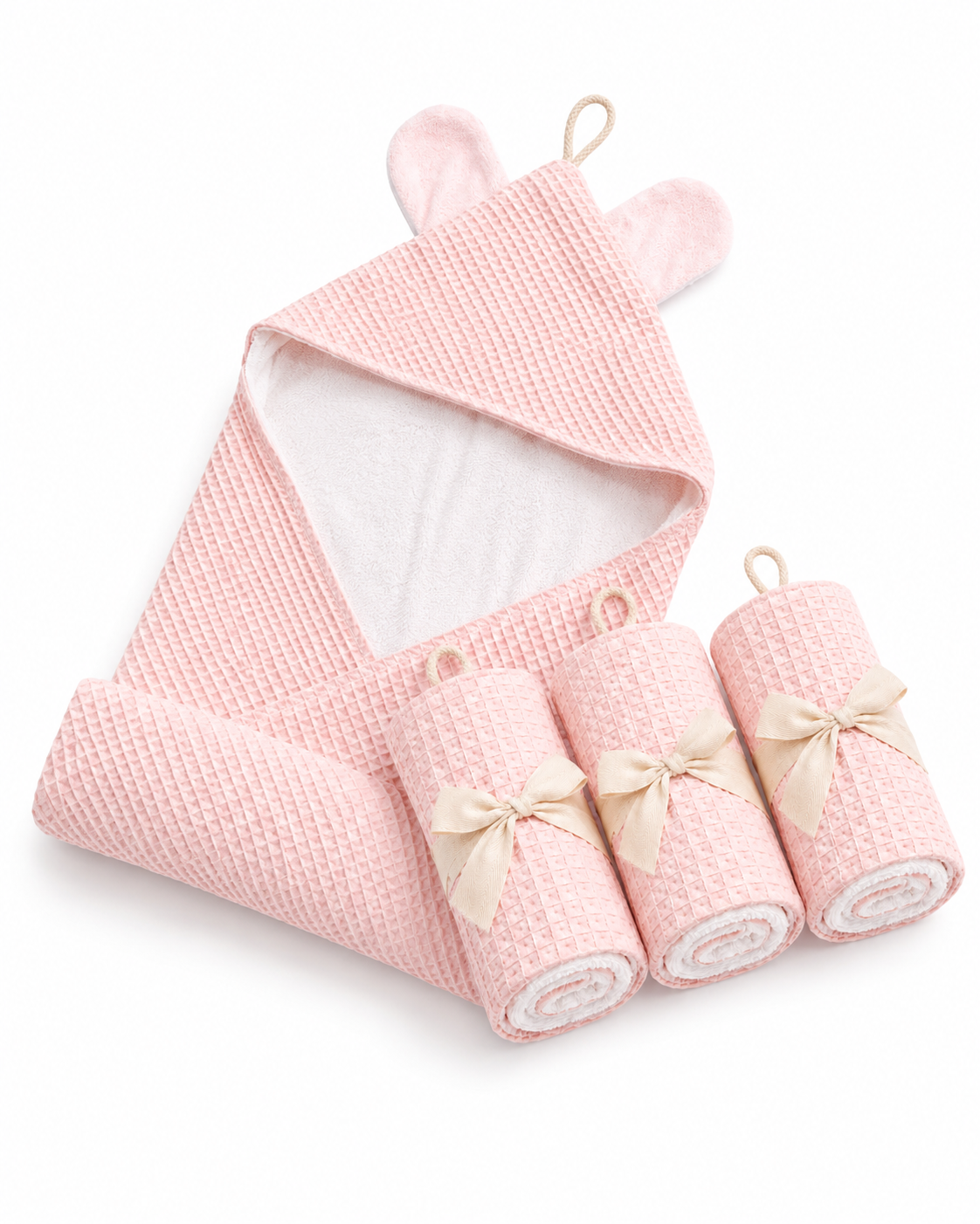 Baby Pink Towel & 3 Pack Face washer set | Premium double sided waffle cotton/terry/bamboo