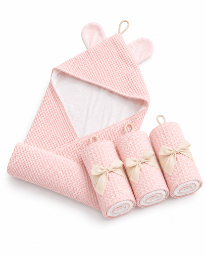 Baby Pink Towel & 3 Pack Face washer set | Premium double sided waffle cotton/terry/bamboo