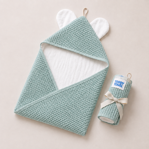 Baby Green Towel & Face washer set | premium double sided waffle cotton/terry/bamboo
