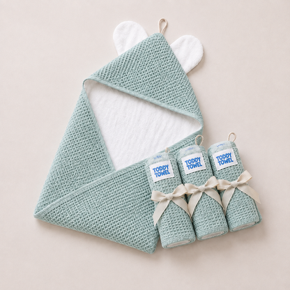 Baby Green Towel & 3 Pack Face washer set | Premium double sided waffle cotton/terry/bamboo