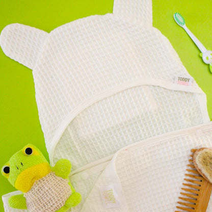Blue/White 3pk toddler hooded waffle towel w/ press studs & hair-drying pocket