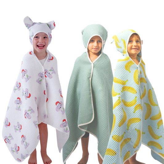 Blue/Green Christmas 3pk toddler hooded waffle towel w/ press studs & hair-drying pocket
