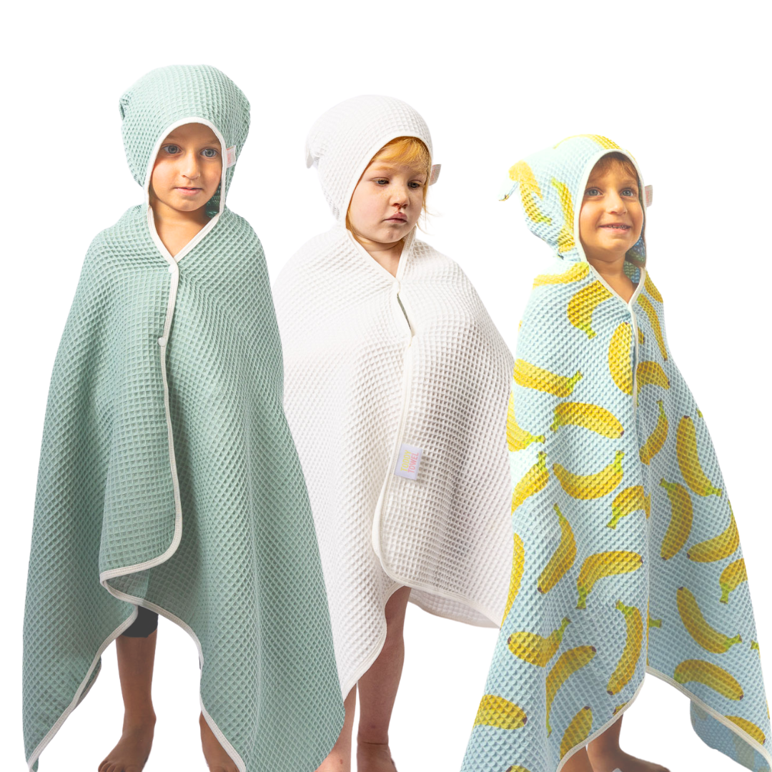 Blue/White 3pk toddler hooded waffle towel w/ press studs & hair-drying pocket