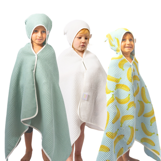 Blue/White 3pk toddler hooded waffle towel w/ press studs & hair-drying pocket