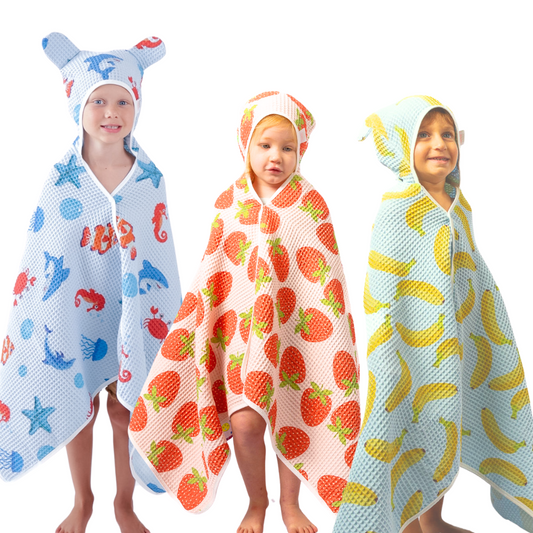 PREORDER: Mixed 3pk toddler waffle hooded towel w/ press studs & hair-drying pocket