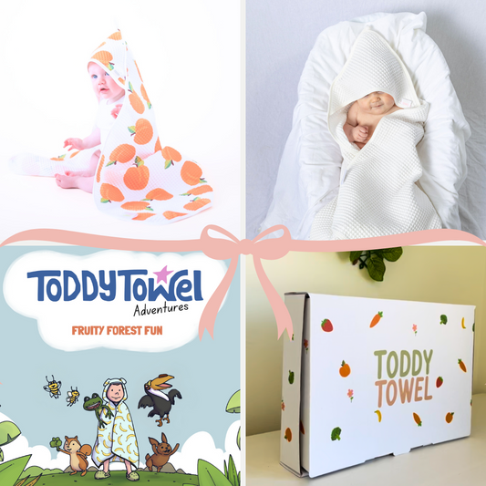 White/Apricot baby gift bundle, oversized waffle cotton & hair-drying pocket